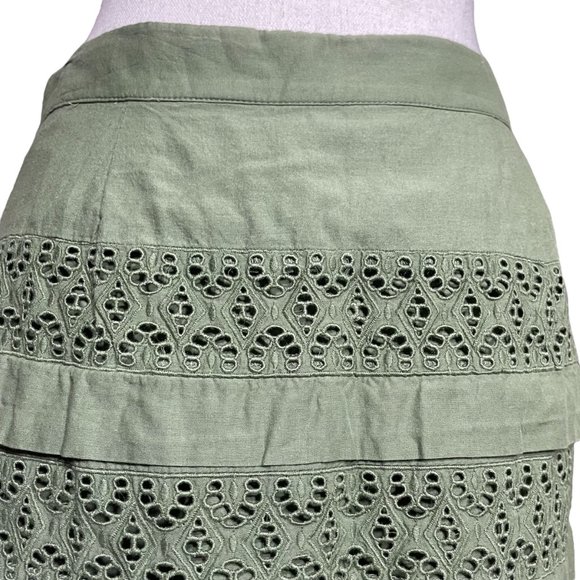 Eyelet Layered Mini Skirt 4 Miniskirt Sage Green Embroidered Broderie Scalloped - Picture 9 of 12